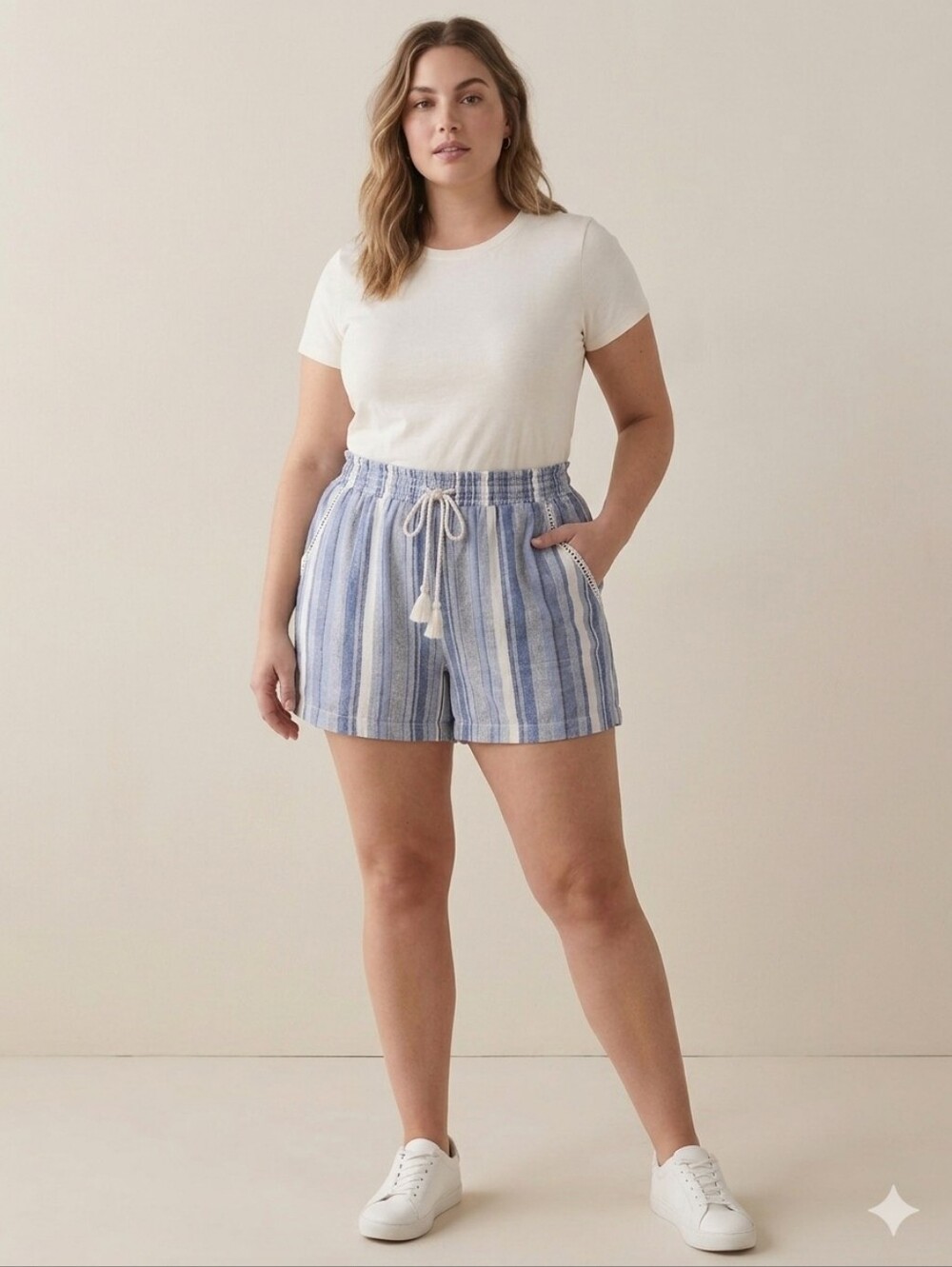 Briggs New York Boho Striped Linen High-Waist Drawstring Shorts